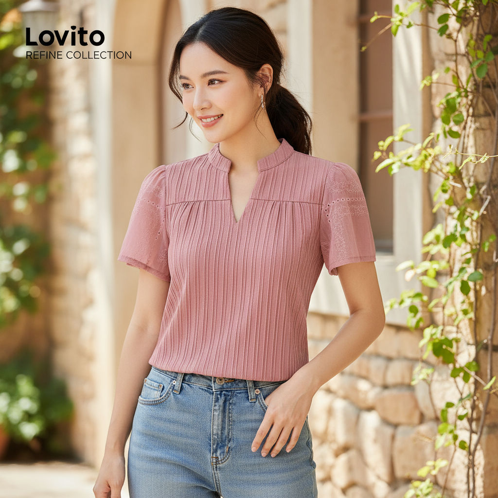 Lovito Refine Blusa Feminina Rosa de Renda com Pregas para Primavera Verão LR23L153