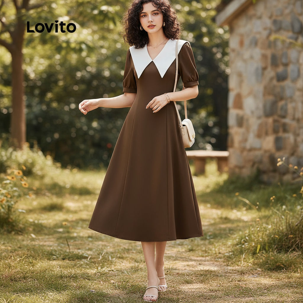 Lovito Refine Vestido Sofisticado com Estampa em Bloco de Cores para Primavera/verão Marrom L150ED096