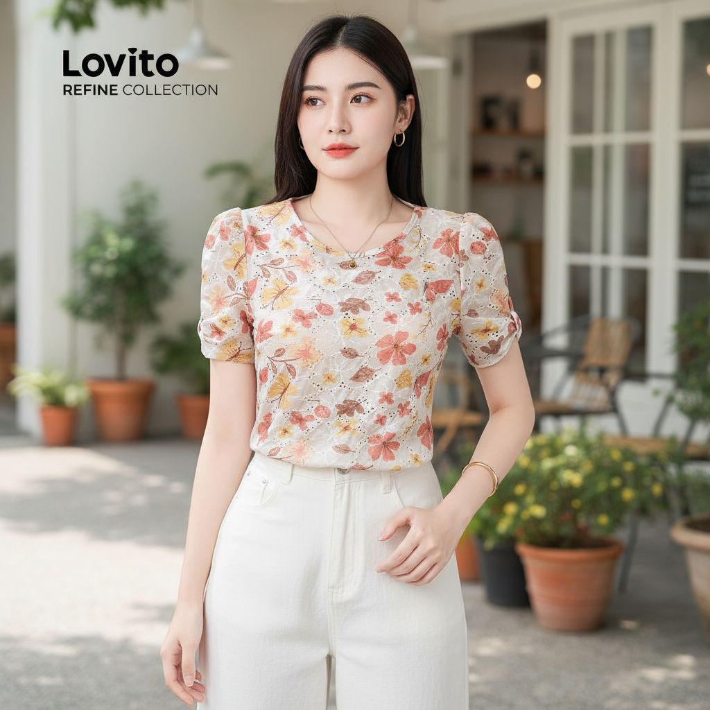 Blusa Casual Refine by Lovito com Laço Bordado de Ilhós para Primavera/Verão Multicolor LR21E203
