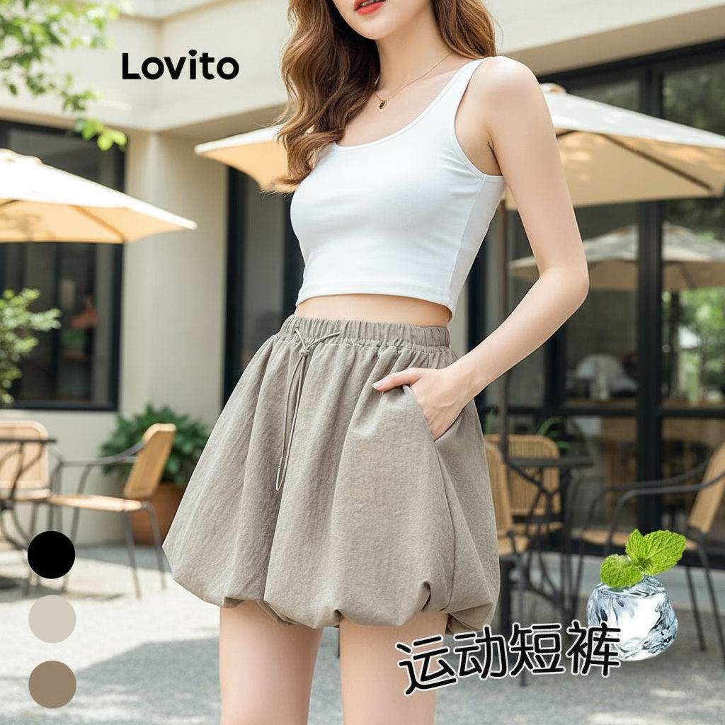 Lovito Shorts Femininos Lisas Com Amarração LNA57155 em Oferta na Shopee