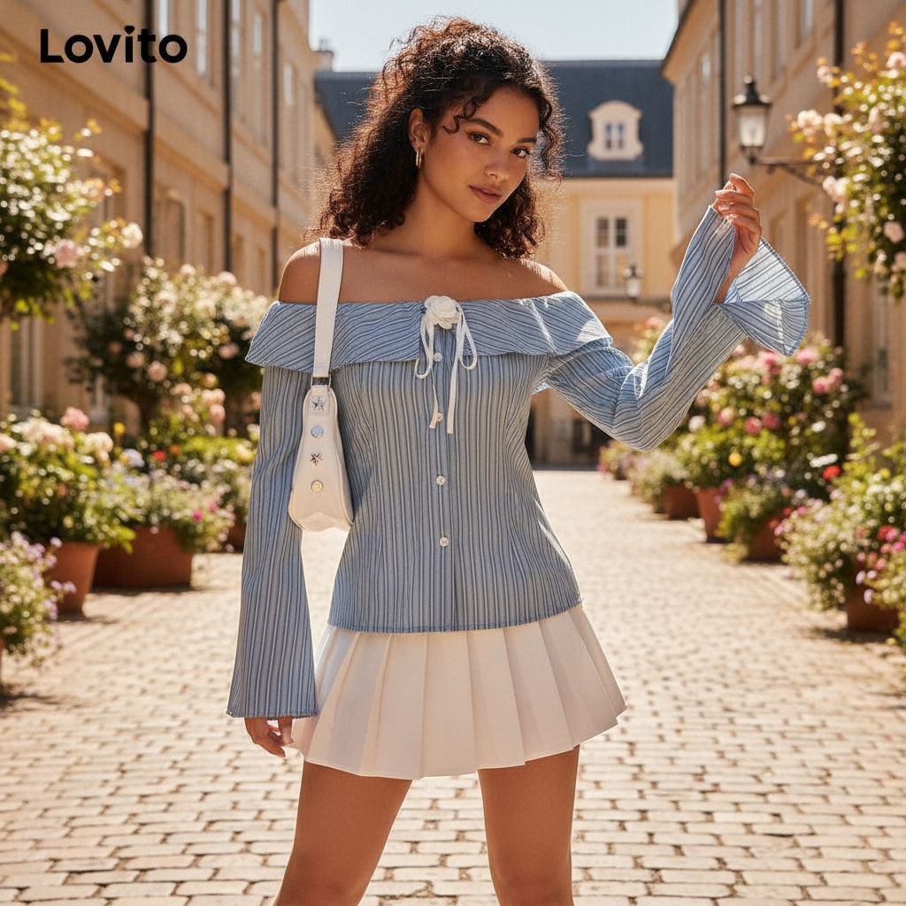 Lovito Refine Blusa Feminina com Botões e Babados L61AD024 (Azul) em Oferta na Shopee