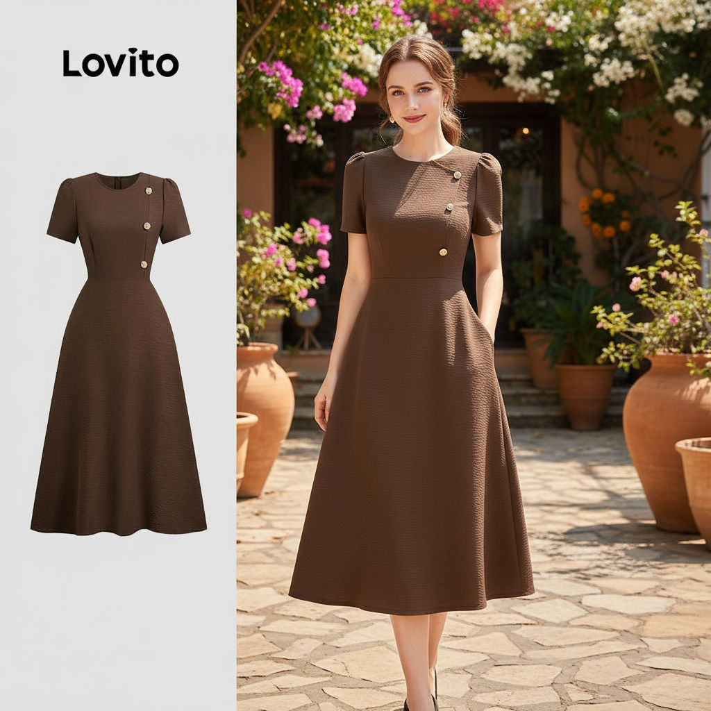 Lovito Vestido Casual Assimétrico Marrom para Mulheres L149ED166