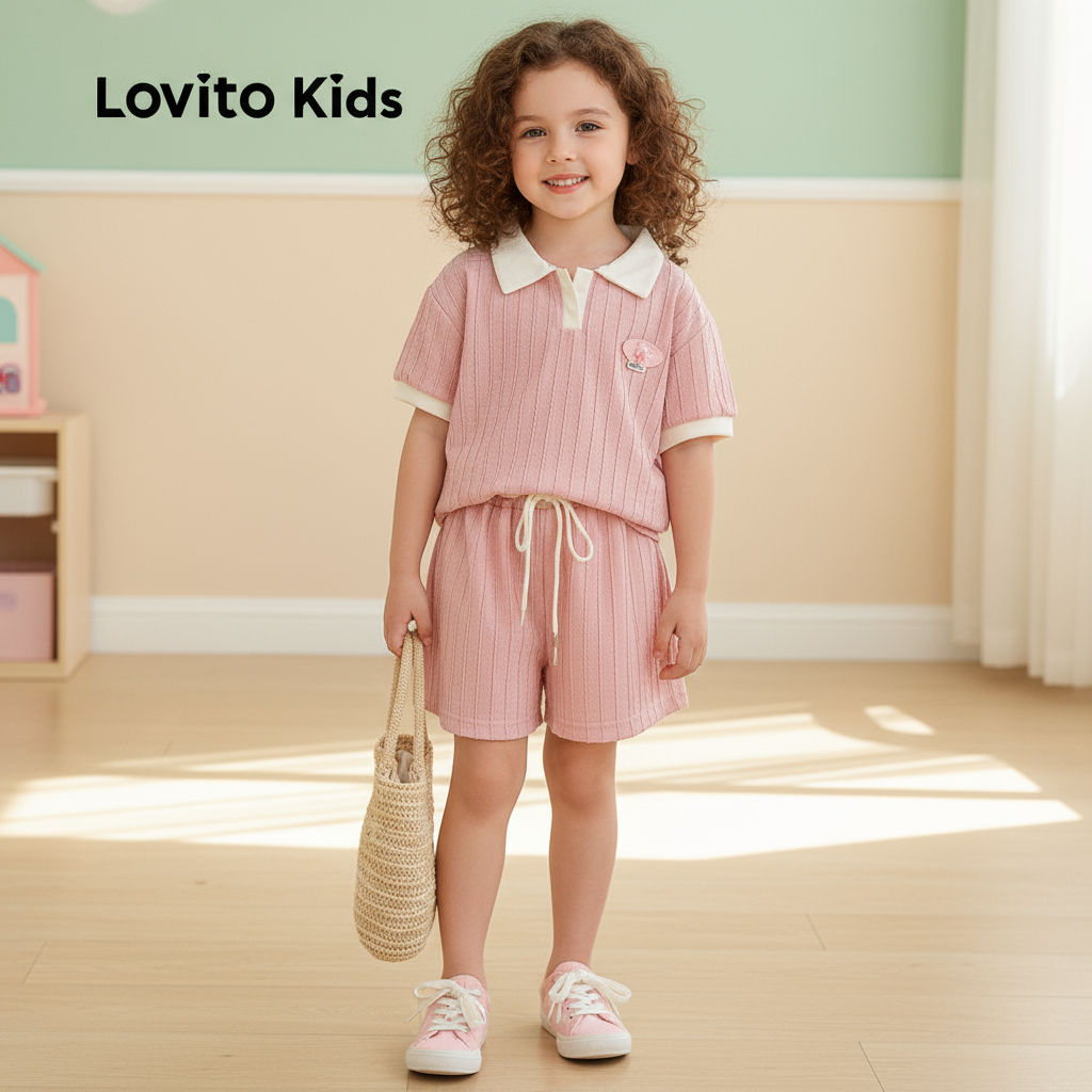 Lovito Kids Conjunto de Shorts com Blocos de Cores e Laço Primavera/verão Rosa LNL119175 em Oferta na Shopee