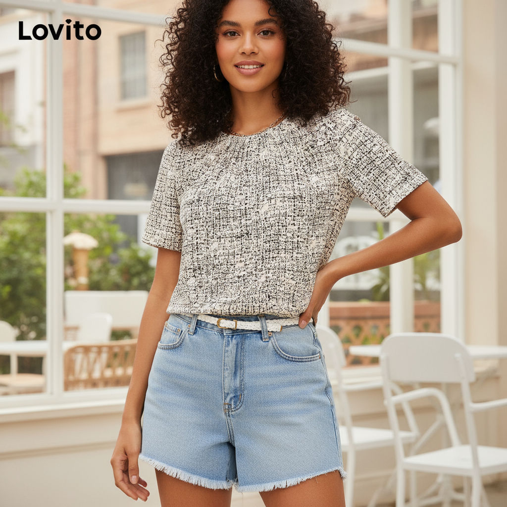 Lovito Blusa Feminina Plissada Estampa Geométrica Casual LBL17085 em Oferta na Shopee