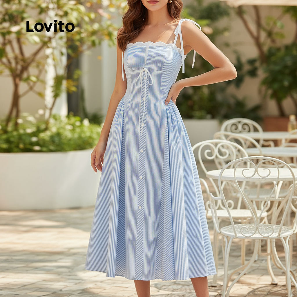Lovito Vestido Casual de Renda Azul Feminino para Primavera e Verão L144AD305 em Oferta na Shopee
