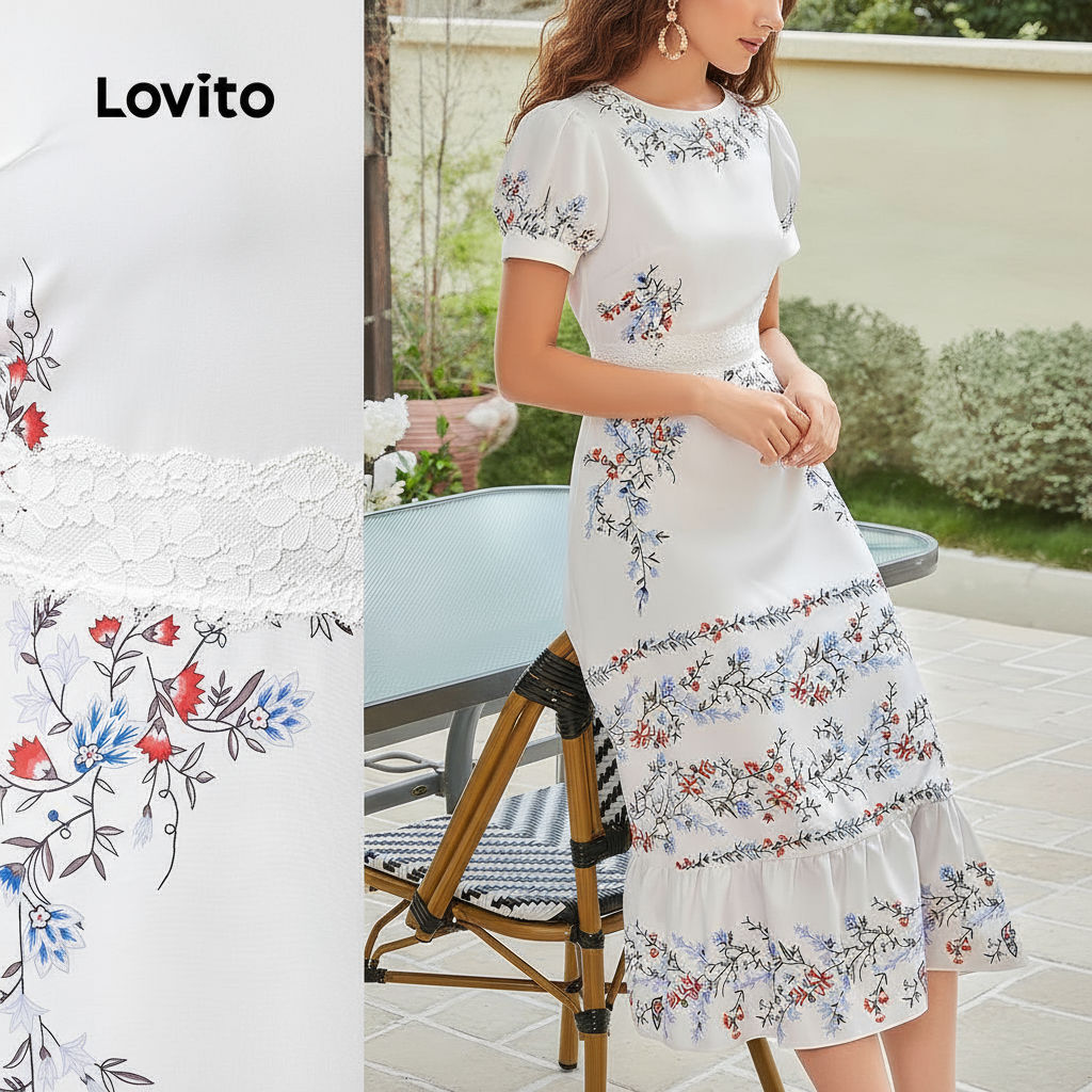 Lovito Refine Vestido de Renda e Babados Borda Primavera/Verão Vermelho para Mulheres LBL29339 em Oferta na Shopee