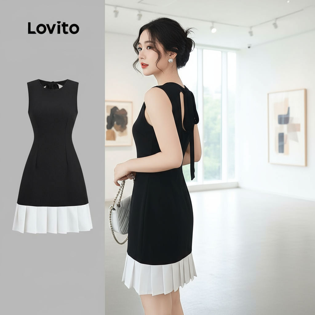 Lovito Refine Vestido Casual em Tecido Preto e Branco com Costura Plissada Primavera/Verão L155ED528 em Oferta na Shopee