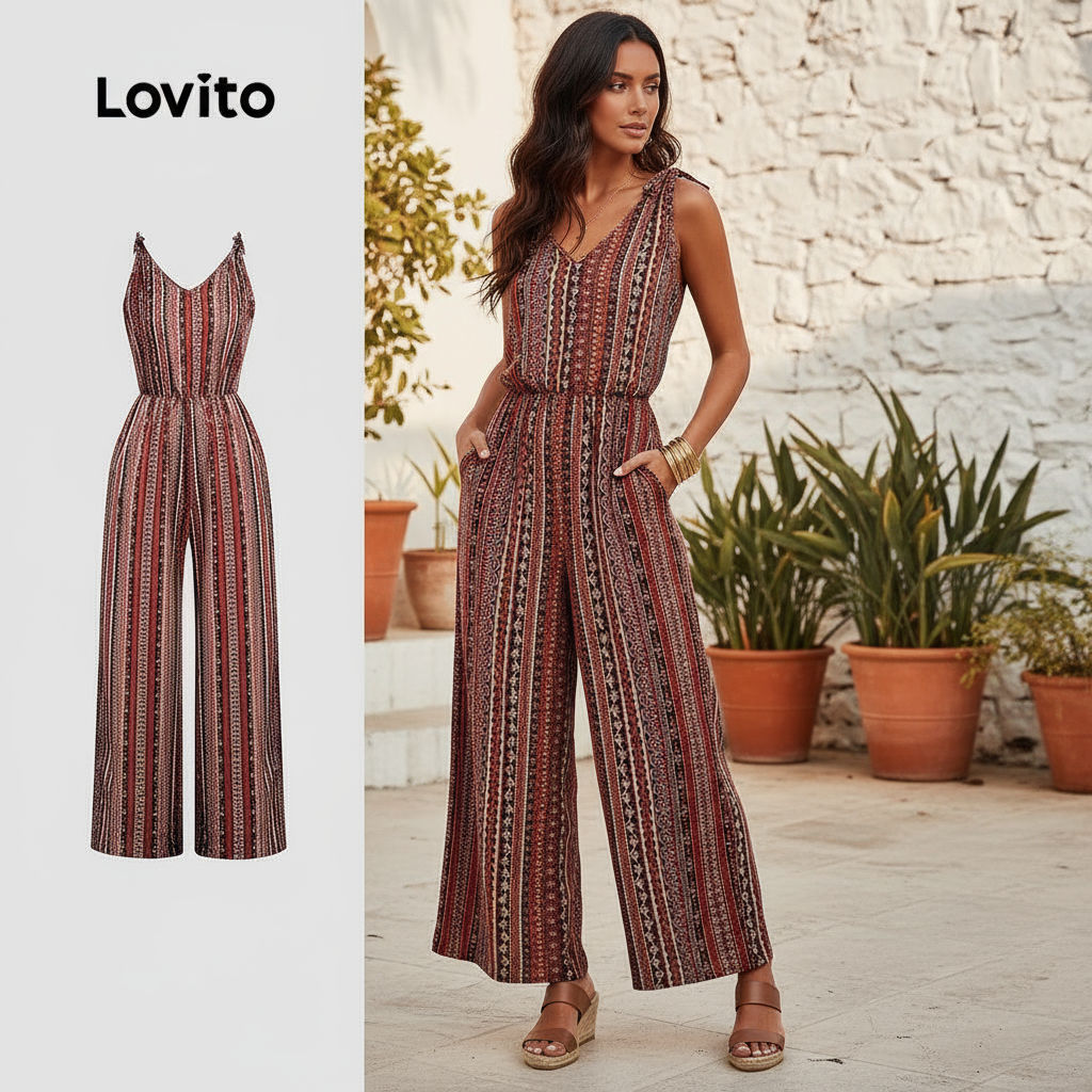 Lovito Refine Macacão Boho com Amarração para Primavera Verão Feminino L157LD027 em Oferta na Shopee