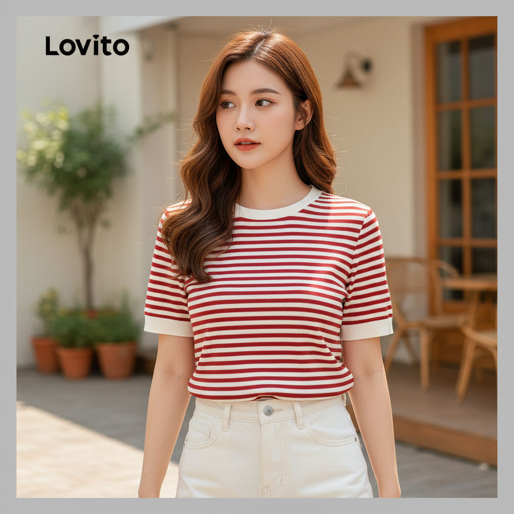 Lovito Camiseta Feminina Elegante com Cores Contrastantes para Primavera e Verão L158ED999