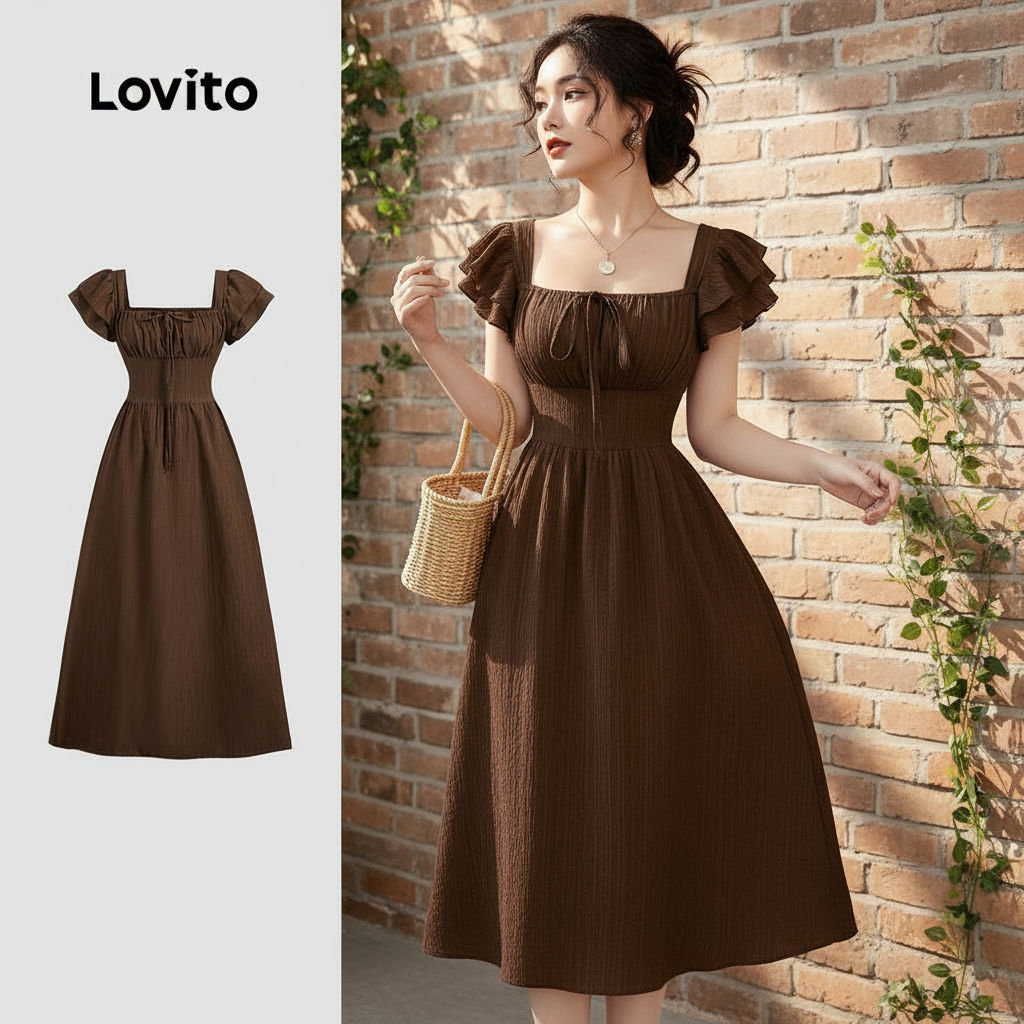 Lovito Vestido Sofisticado de Renda com Amarração Textura Primavera/Verão Marrom Feminino L155AD072 em Oferta na Shopee
