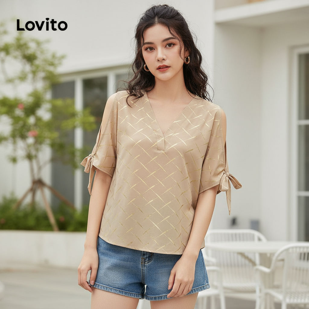 Lovito Blusa Sofisticada com Textura de Nó Geométrico e Recorte Metálico Feminina L99ED994 em Oferta na Shopee