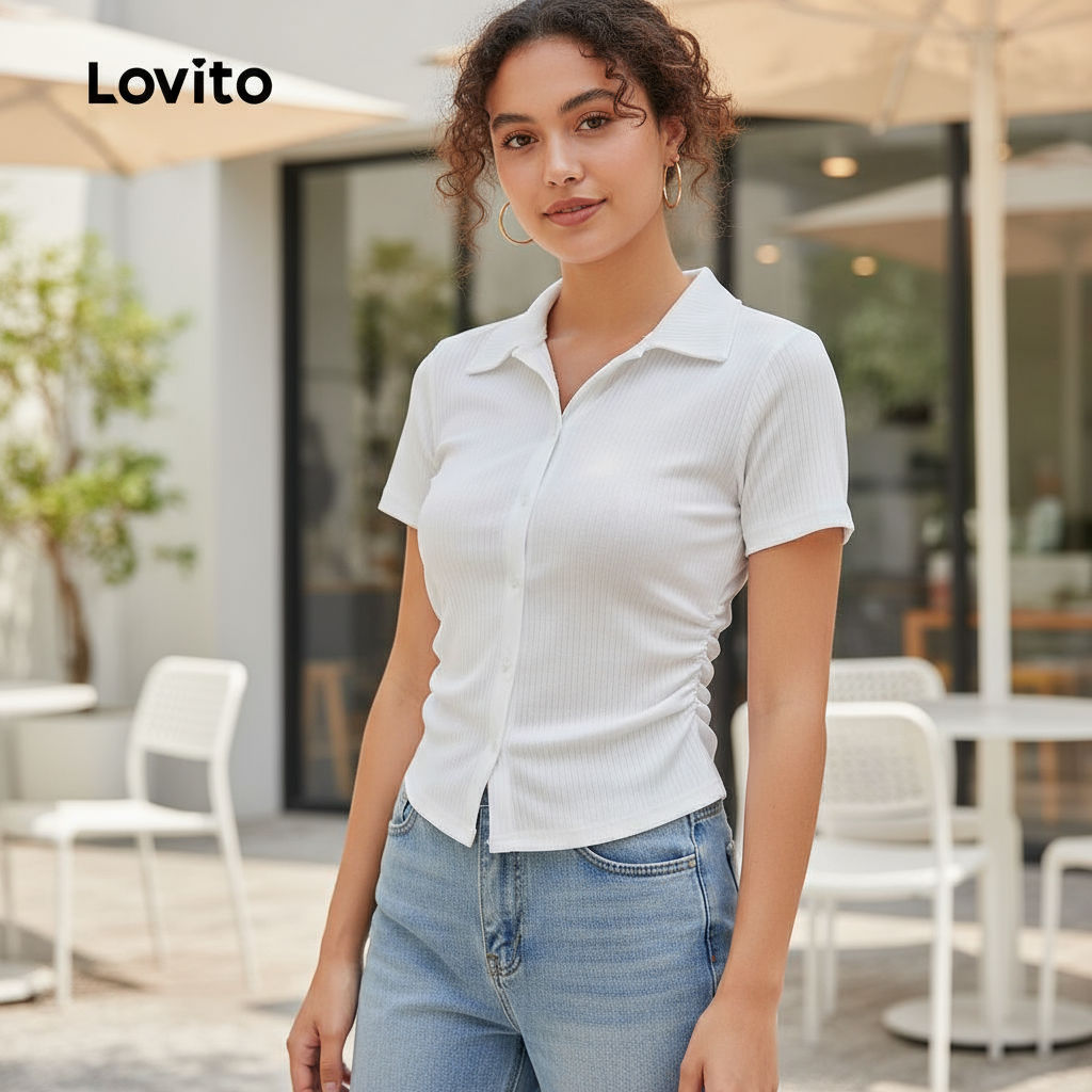 Lovito Refine Camisa Feminina Casual com Botões Plissados para Verão e Primavera L128ED445 em Oferta na Shopee