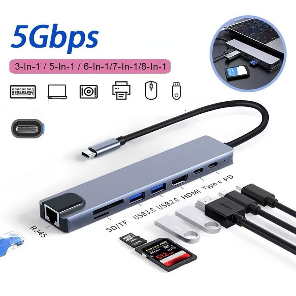 Adaptador De Hub USB Tipo C Para HDMI USB3.0 RJ45 LAN 4K Caixa De Alumínio PC Laptop , Leitor De Cartão micro sd