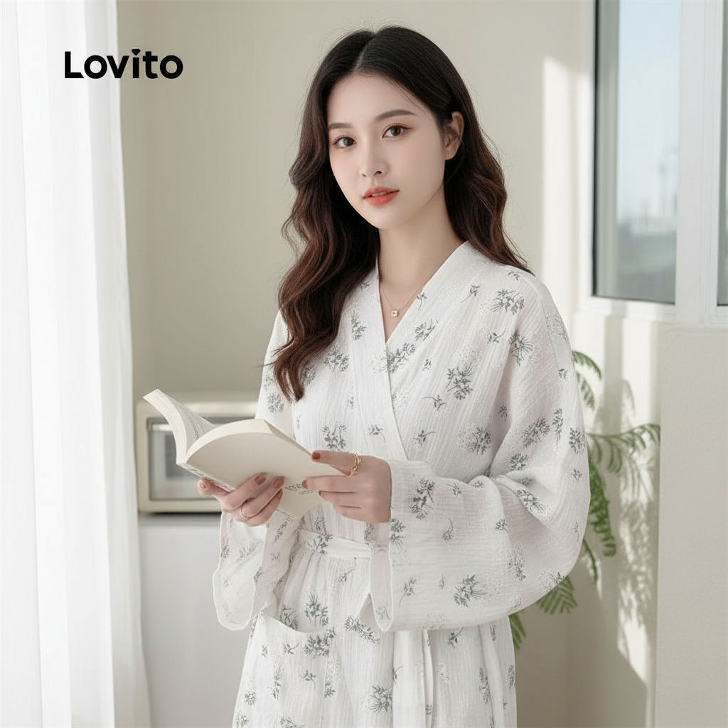 Lovito Robe Feminino de Algodão e Linho Estiloso com Cinto para Casal e Verão LNE121X026