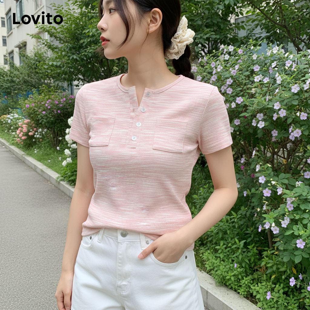 Lovito Blusa casual feminina lisa com bolso e botões LMD81053 em Oferta na Shopee