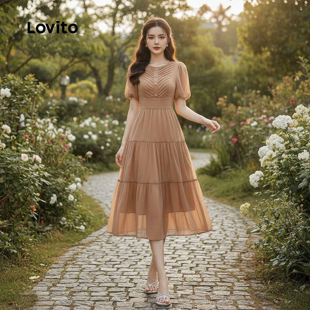Lovito Vestido Feminino Casual com Estrutura em Linha para Primavera/Verão Caqui L167ED050