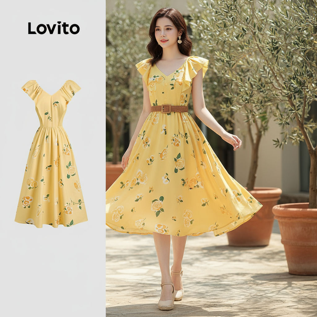 Lovito Vestido Feminino Sofisticado com Babado Textura Macia Primavera/verão L137LD287 em Oferta na Shopee