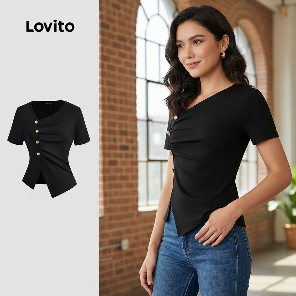 Lovito Camiseta Assimétrica Lisa Feminina Verão Primavera L124AD358 em Oferta na Shopee