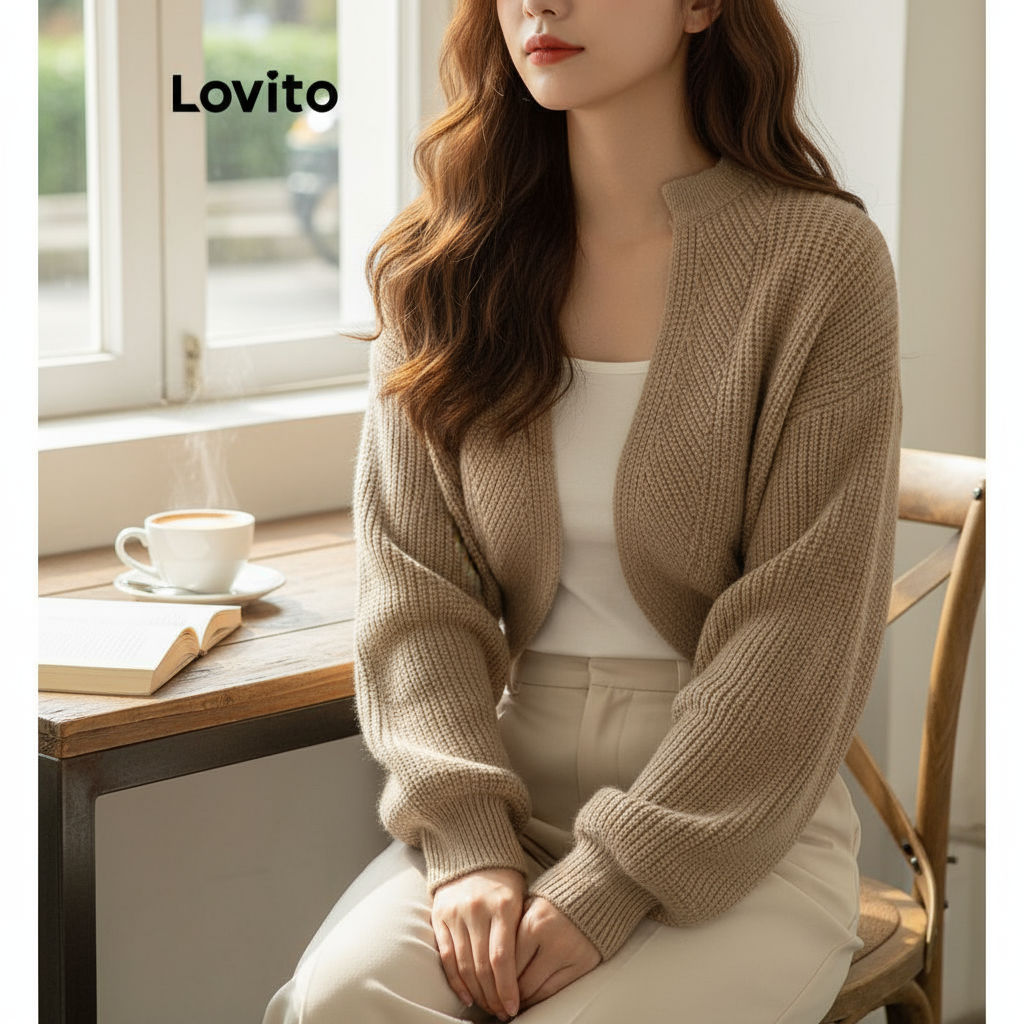 Lovito Cardigã Feminino Básico de Tricô Canelado LNL55041 em Oferta na Shopee
