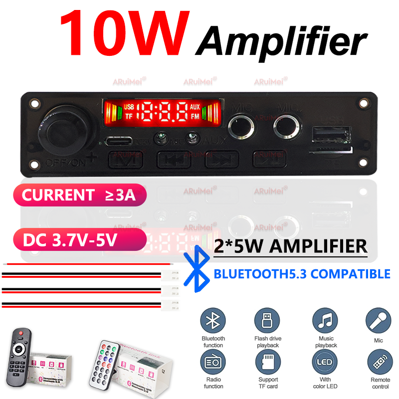 Placa amplificadora Bluetooth 5.3 portátil 10W com USB TF FM para alto-falante de carro e sistema de áudio doméstico