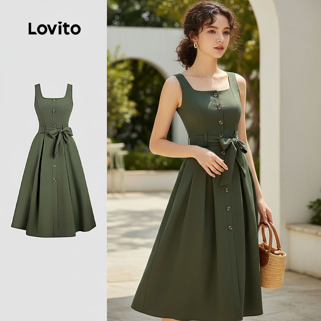 Lovito Vestido Feminino Verde com Zíper e Cinto para Primavera/Verão L157LD063