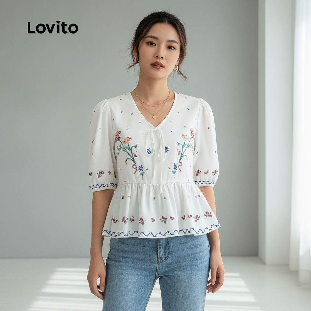 Lovito Blusa Delicada com Babados para Primavera Verão Feminina LBL29343 em Oferta na Shopee