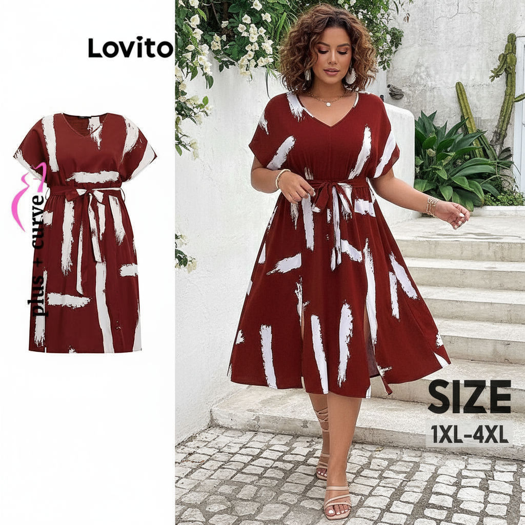 Lovito Curva Plus Size Vestido Casual Listras Cinto Frente Dividida Feminino LBL16151