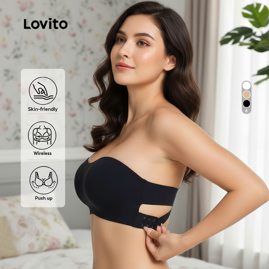 Lovito Bralette Feminino Casual Sem Arame de Fibra Natural Preto Push-up Cruzado LNE117002 em Oferta na Shopee