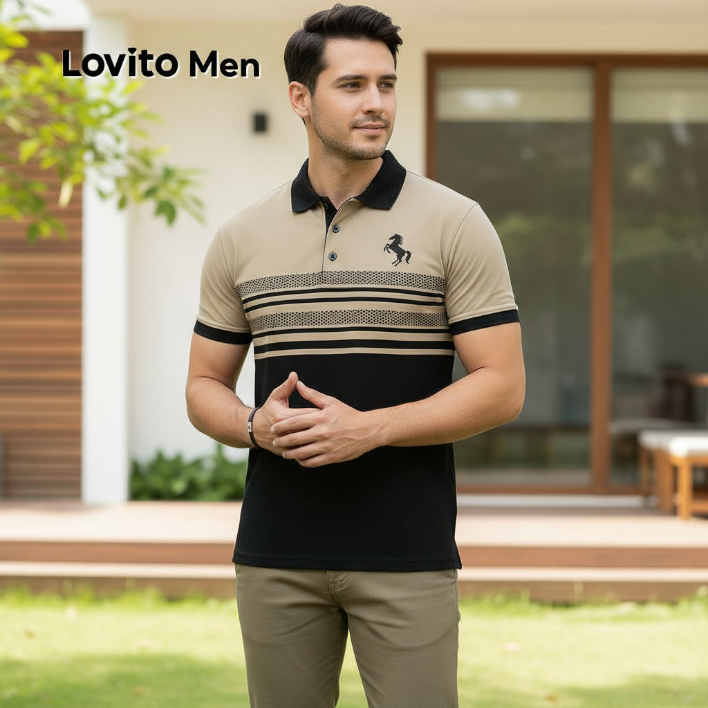 Lovito Polo Casual Masculina com Cores Contrastes e Botões para Primavera/Verão LNE118020 em Oferta na Shopee