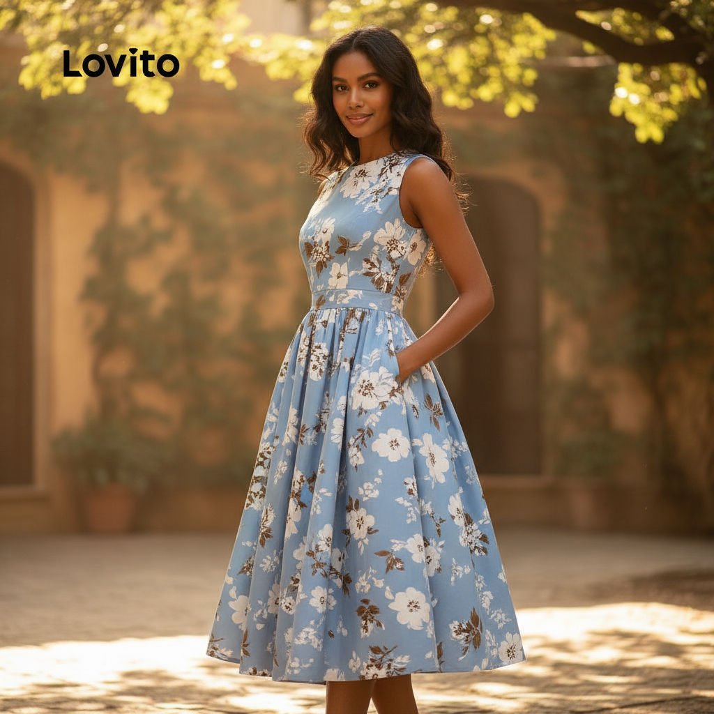 Lovito Refine Vestido Casual com Babados Na Barra e Bolso para Primavera/Verão Azul Feminino L138ED544 em Oferta na Shopee