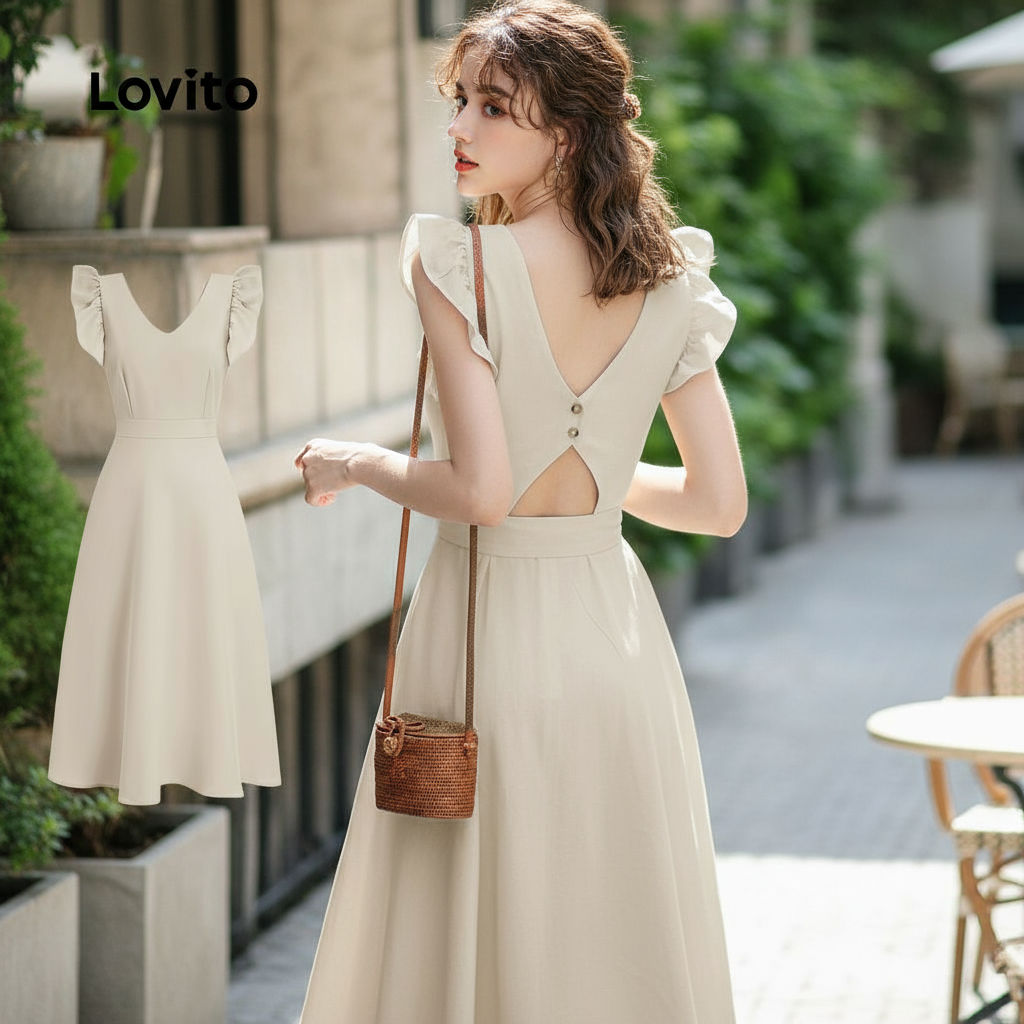 Lovito Vestido Feminino Básico de Babados em Cáqui Claro para Primavera/Verão L134ED501 em Oferta na Shopee