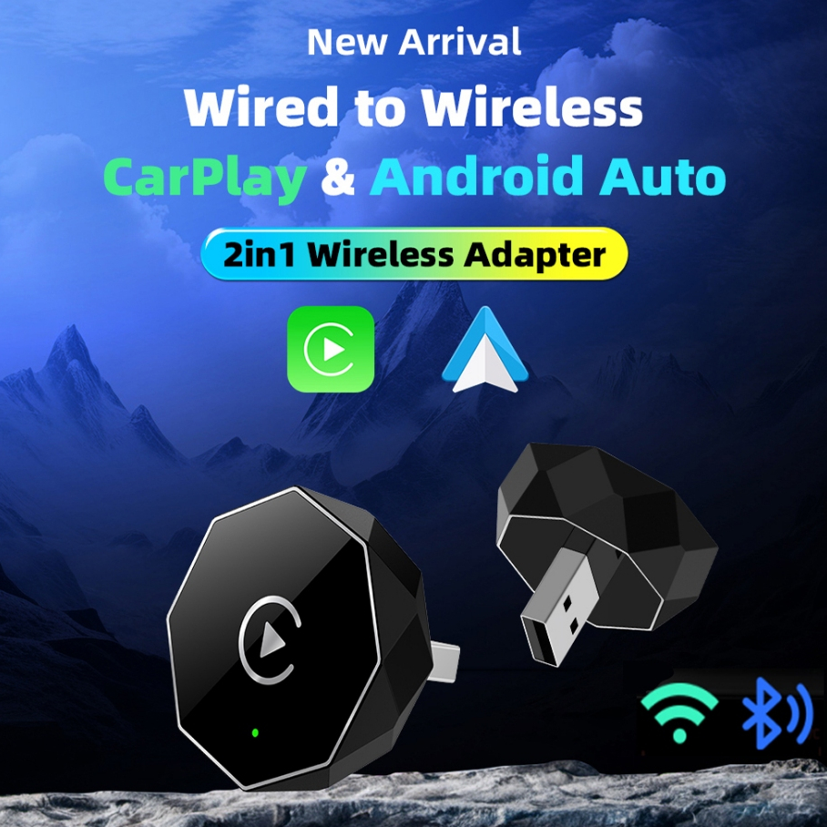 Adaptador CarPlay Sem Fio 2 em 1 EC14-ZS, USB para iPhone e Android Auto