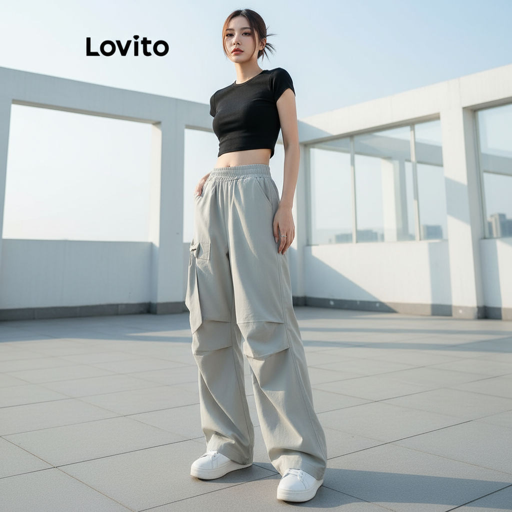 Lovito Calça Feminina Sofisticada de Laço Liso e Plissado LNE69381 em Oferta na Shopee