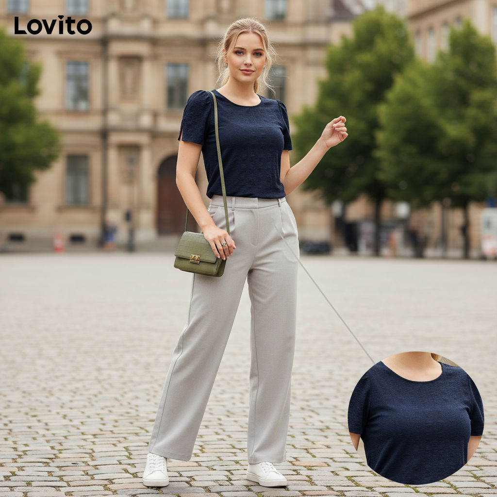 Lovito Blusa Feminina Azul-marinho com Fenda para Outono/Primavera L154LD008