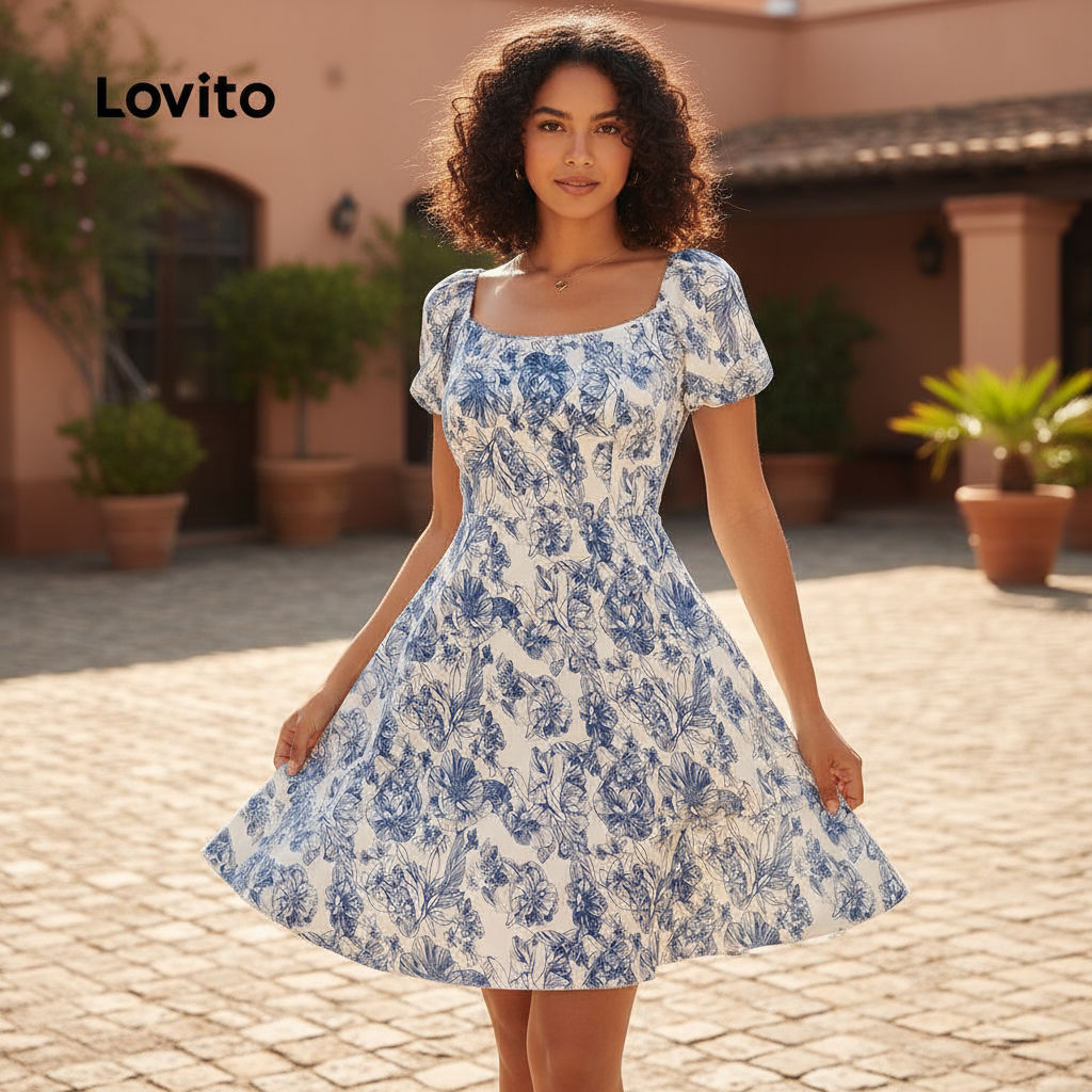 Lovito Vestido Feminino Casual Floral Com Drapeado Para Primavera Verão L129AD1018 em Oferta na Shopee