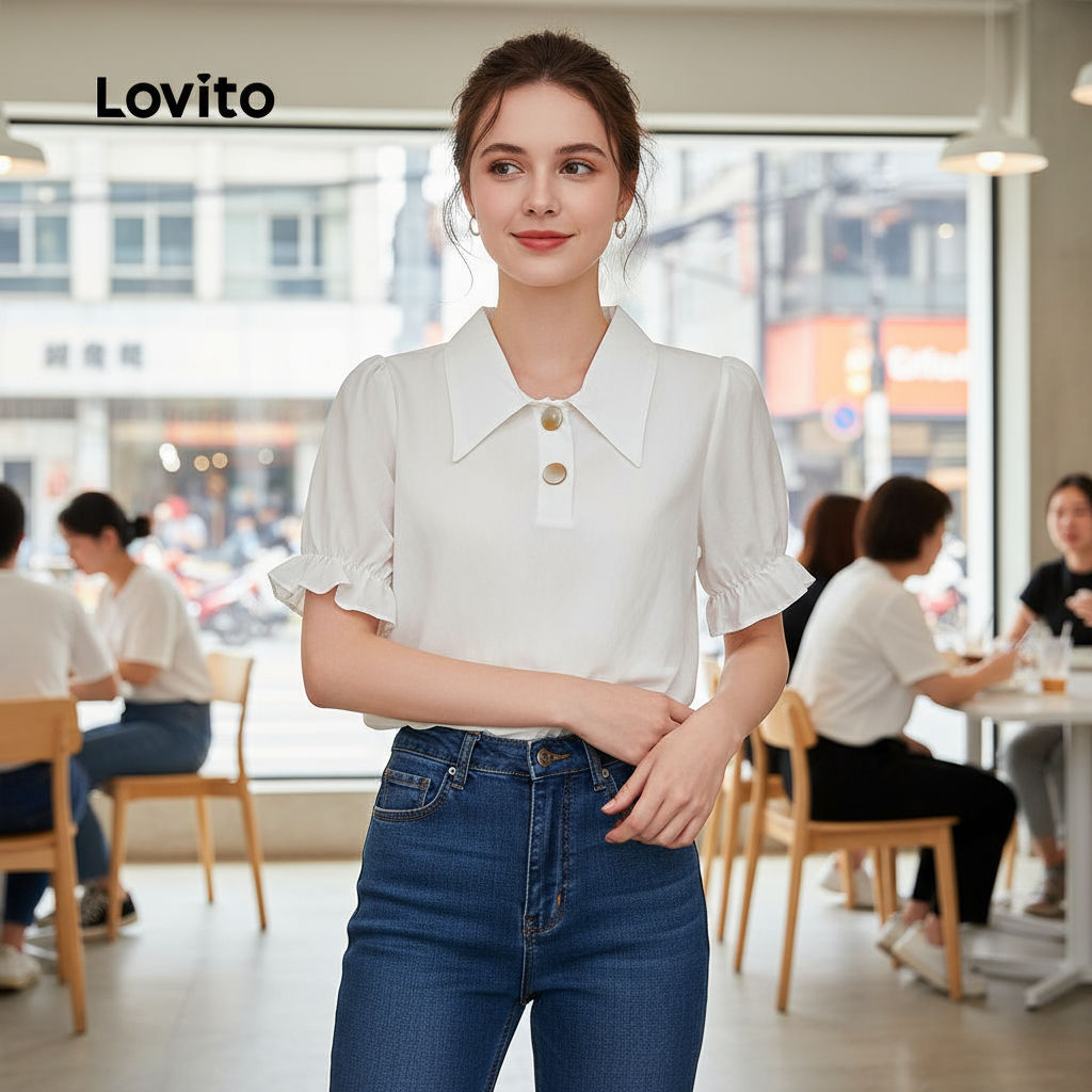 Lovito Blusa Confortável com Botões e Detalhe de Alface para Primavera/Verão Branca L143ED436 em Oferta na Shopee