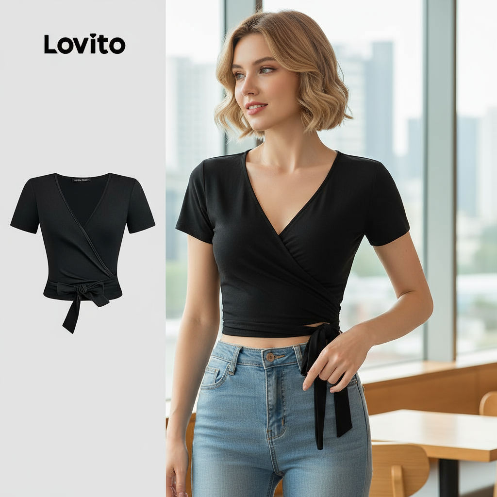 Camiseta feminina com gola V e amarração frontal-TSB150P2D023 em Oferta na Shopee