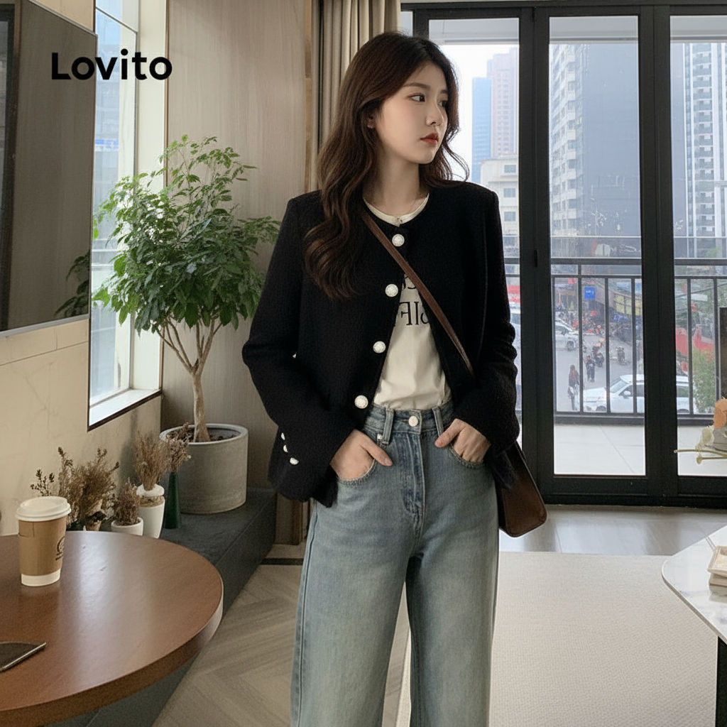 Lovito Refine Jaqueta Feminina Casual Design Liso LNA73411 em Oferta na Shopee
