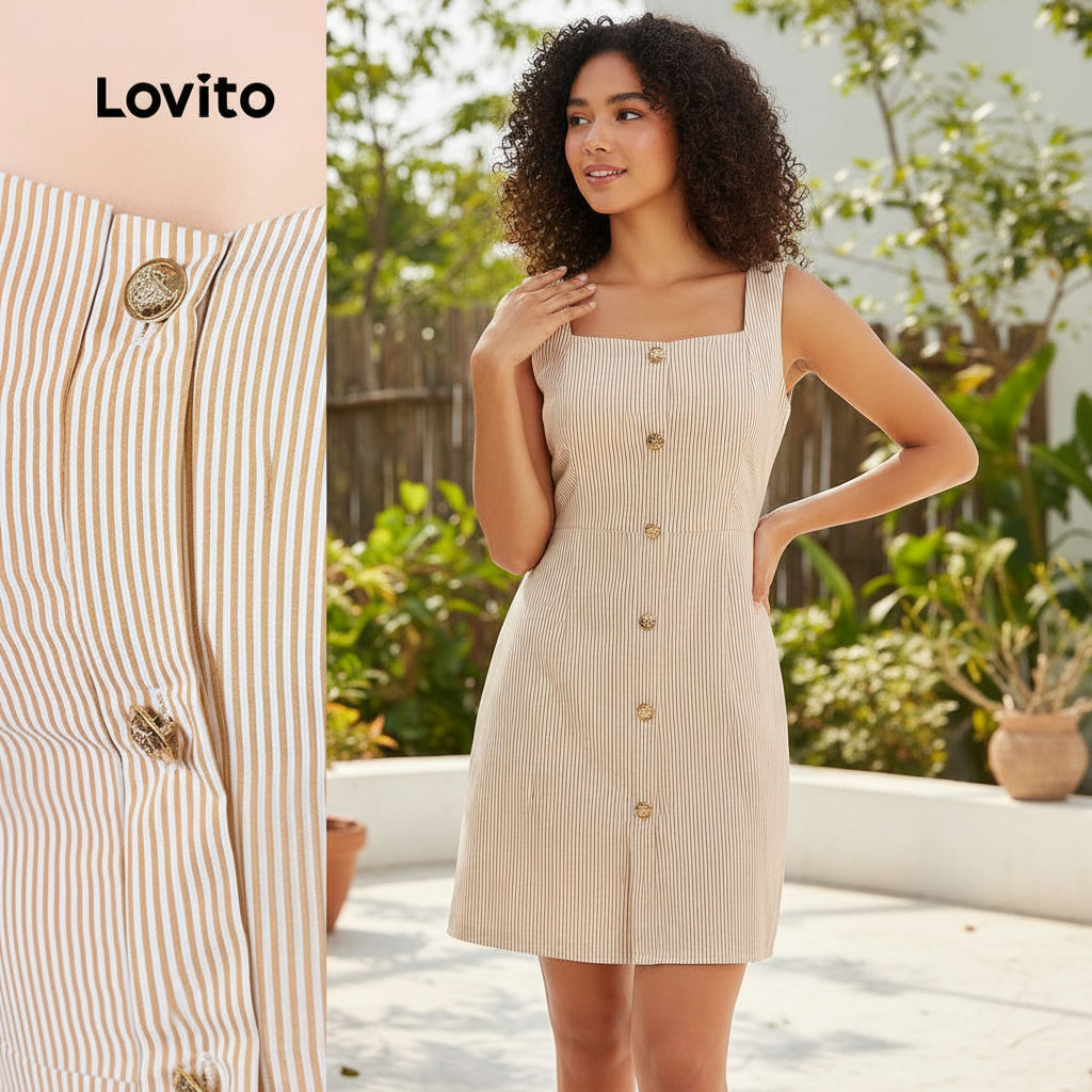 Lovito Vestido Casual Fivela Metal Primavera Verão Caqui Feminino L157ED1020 em Oferta na Shopee