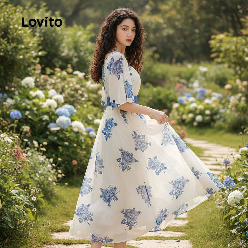 Lovito Vestido Boho Renda Colorblock Primavera Verão Azul Branco Feminino LBL27028