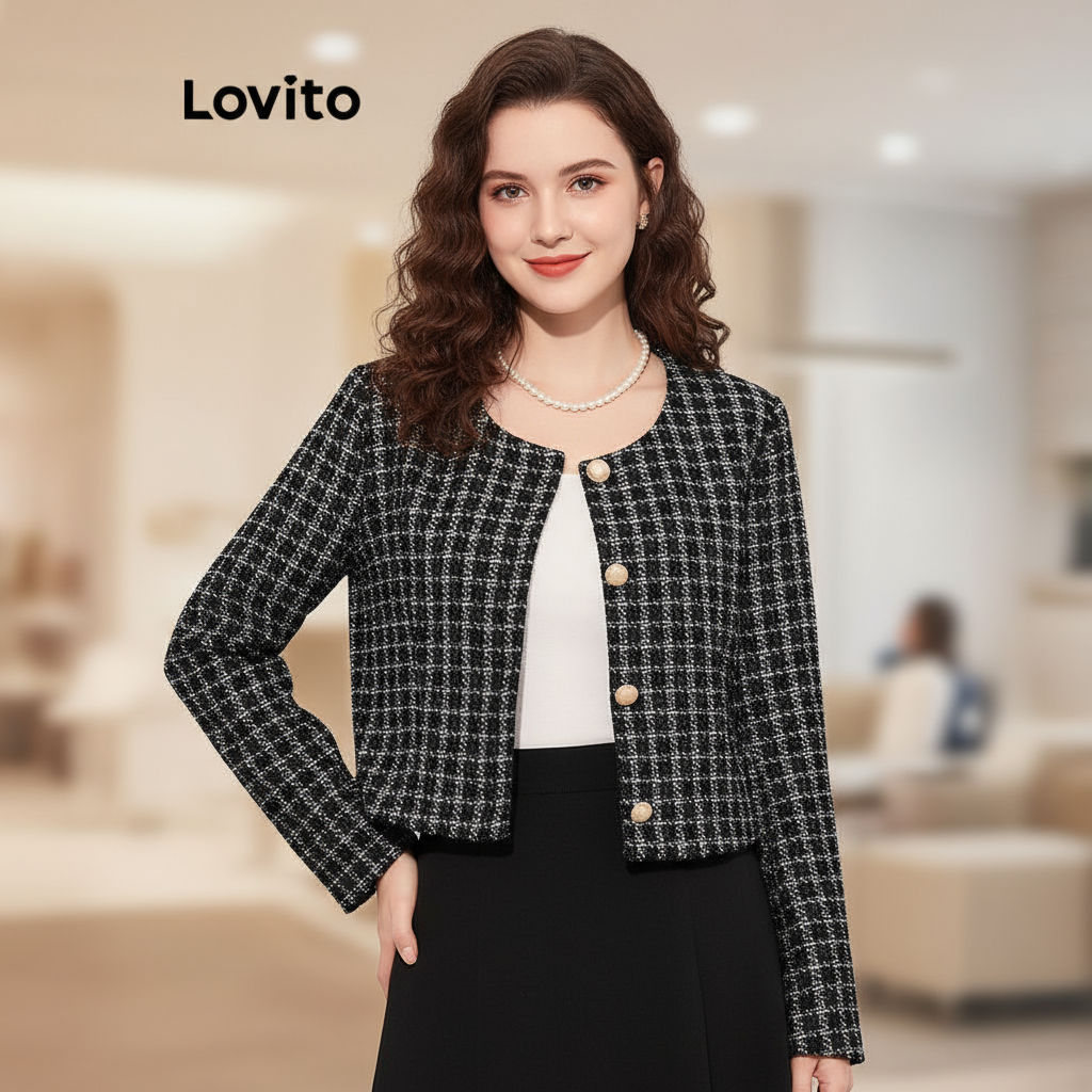 Lovito Casaco Feminino Casual Estampa Xadrez Botões Outono Inverno L114AD446 em Oferta na Shopee