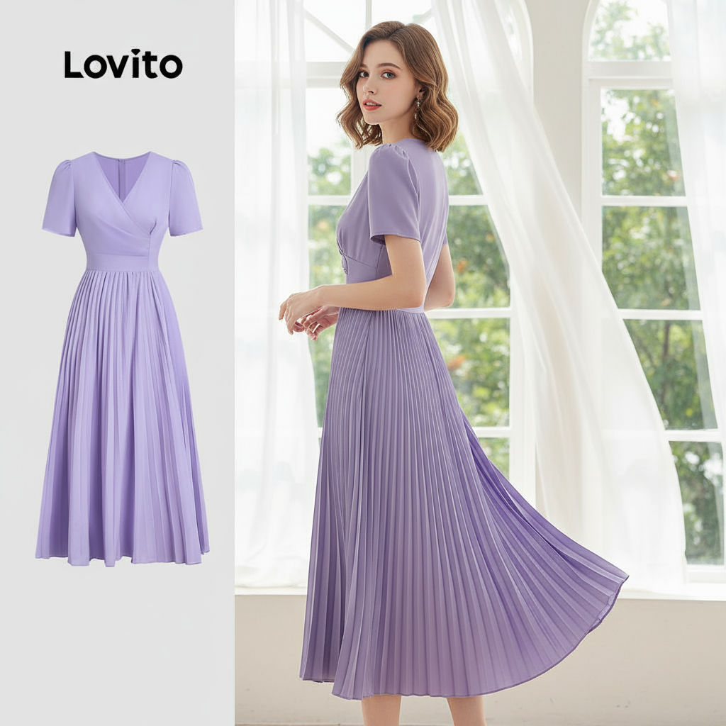 Lovito Vestido Sofisticado com Zíper Plissado Conforto Macio Primavera Verão Roxo L137ED032 em Oferta na Shopee