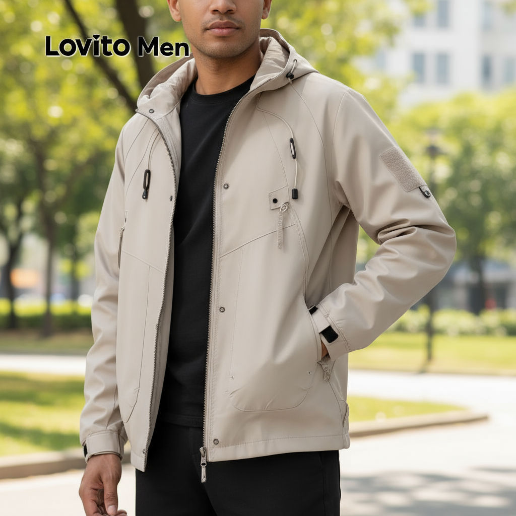 Lovito Jaqueta Casual Masculina com Zíper em Caqui para Todas as Estações LNE114154 em Oferta na Shopee