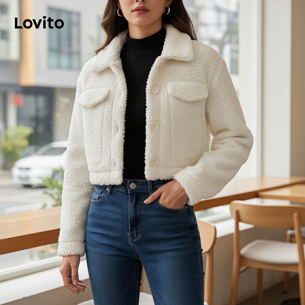 Lovito Jaqueta Feminina Casual Botão Liso Aba Frontal Pelúcia L39AD009 (Branco Off) em Oferta na Shopee
