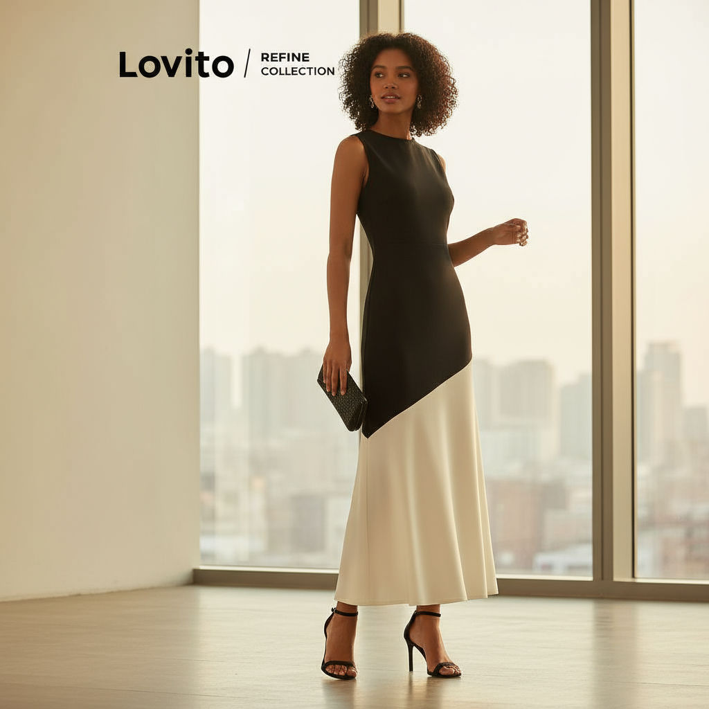 Lovito Refine Vestido Assimétrico Patchwork Sofisticado Feminino LR1ED028 em Oferta na Shopee