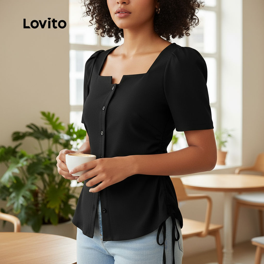 Lovito Blusa Feminina Preta Sofisticada Com Botões Lisos E Detalhes L134ED601
