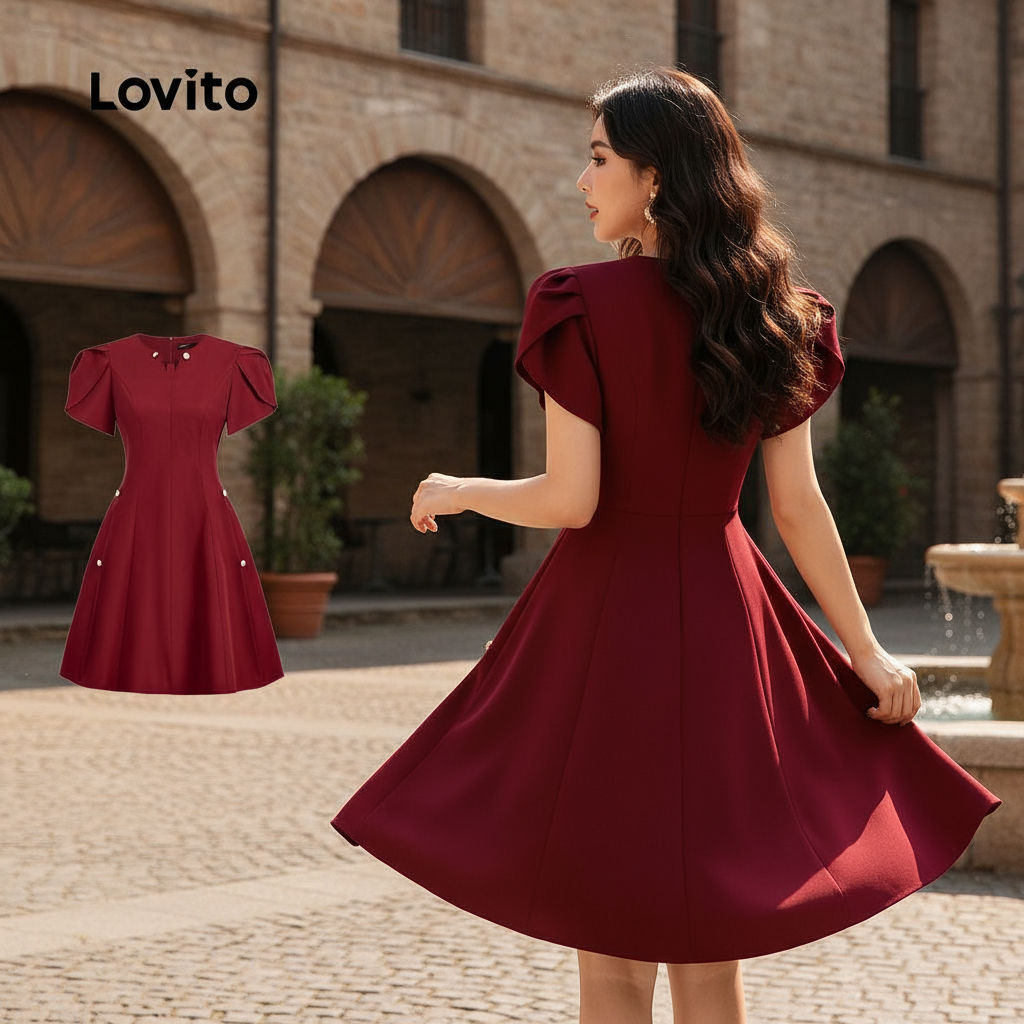 Lovito Vestido Feminino Elegante Jenela Simples Botões Primavera Verão Vinho Vermelho L155ED766 em Oferta na Shopee