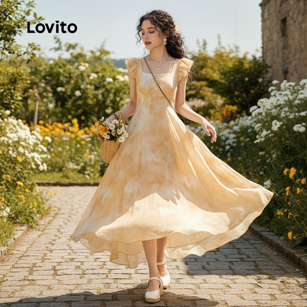Lovito Vestido Feminino Amarelo com Babados e Drapeado para Verão e Primavera Confortável e Fresco L138AD987