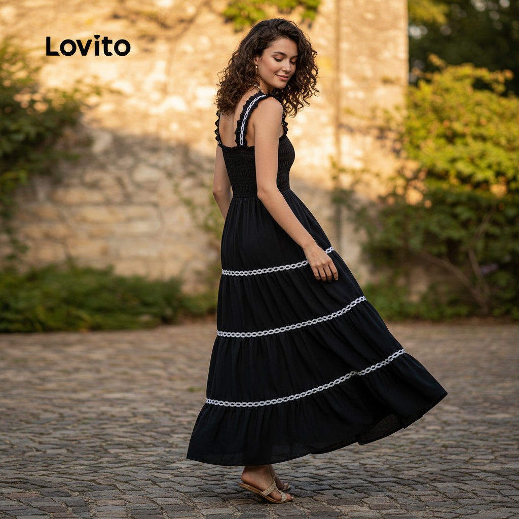 Lovito Vestido Boho Franzido com Fita de Contraste Babados Textura Suave Primavera Verão Preto L138ED459 em Oferta na Shopee