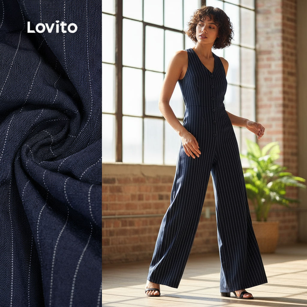Lovito Macacão Feminino Elegante com Botões Azul para Primavera Verão L154LD157 em Oferta na Shopee